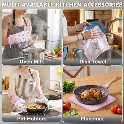 Pink Bow Kitchen Decor Set, Pink Bow Kitchen Towels, 8 Pack