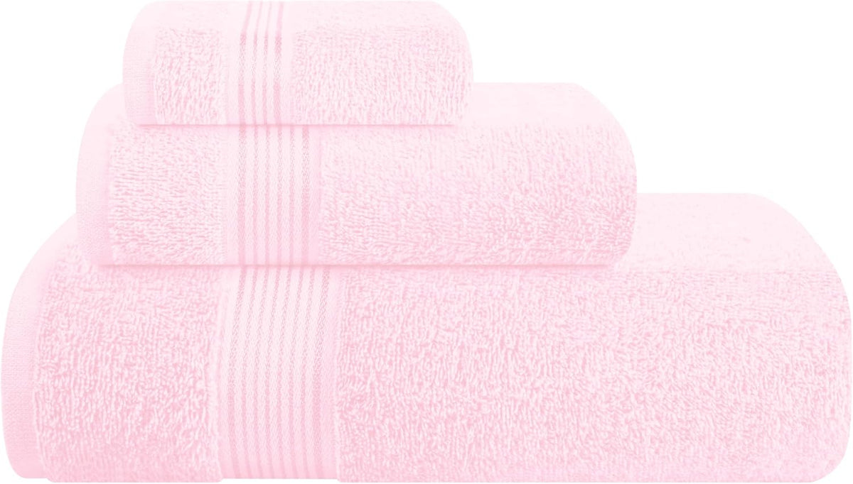 Ultra Soft 3 Pack Cotton Towel Set, Contains a Bath Towel 28x55 inch, a Hand Towel 16x24 inch & a Wash Coth 12x12 inch, Ideal Everyday use, Compact & Lightweight - Pink