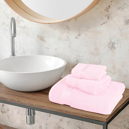 Ultra Soft 3 Pack Cotton Towel Set, Contains a Bath Towel 28x55 inch, a Hand Towel 16x24 inch & a Wash Coth 12x12 inch, Ideal Everyday use, Compact & Lightweight - Pink