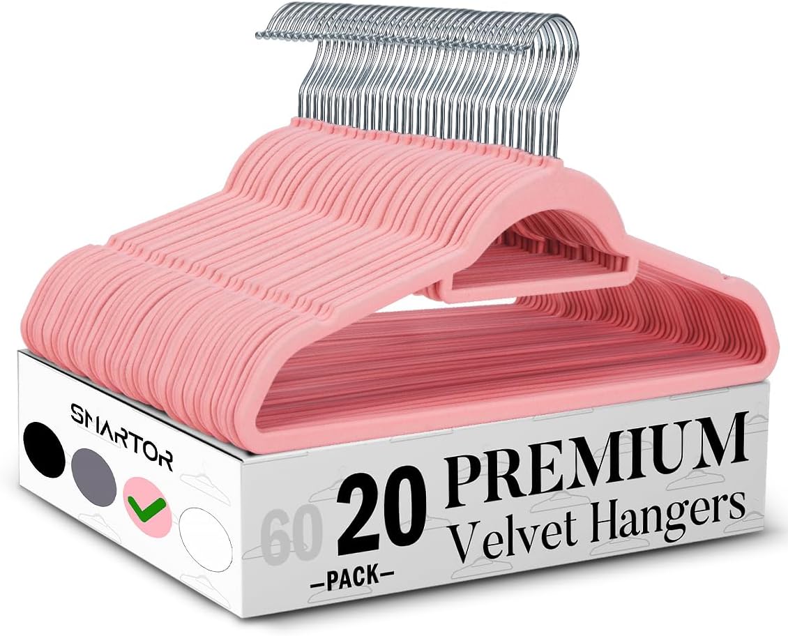Pink Velvet Hangers 20 Pack, Space Saving Clothes Hanger with Tie Bar, Non-Slip Felt Hangers with Shoulder Notches, Heavy Duty Suit Hanger for Coat, Shirt, Pants, Dress