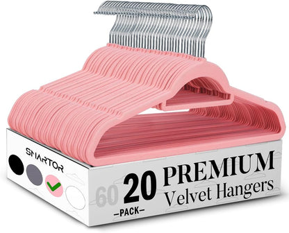 Pink Velvet Hangers 20 Pack, Space Saving Clothes Hanger with Tie Bar, Non-Slip Felt Hangers with Shoulder Notches, Heavy Duty Suit Hanger for Coat, Shirt, Pants, Dress