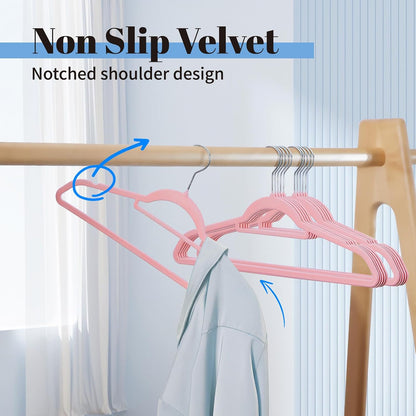 Pink Velvet Hangers 20 Pack, Space Saving Clothes Hanger with Tie Bar, Non-Slip Felt Hangers with Shoulder Notches, Heavy Duty Suit Hanger for Coat, Shirt, Pants, Dress