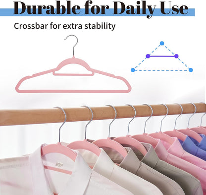 Pink Velvet Hangers 20 Pack, Space Saving Clothes Hanger with Tie Bar, Non-Slip Felt Hangers with Shoulder Notches, Heavy Duty Suit Hanger for Coat, Shirt, Pants, Dress