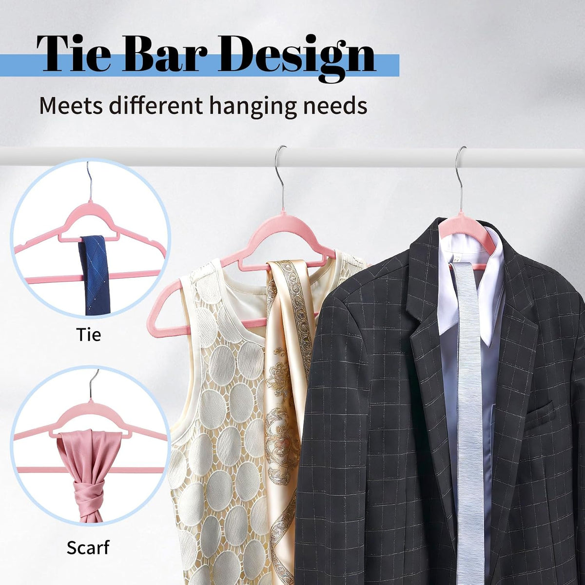 Pink Velvet Hangers 20 Pack, Space Saving Clothes Hanger with Tie Bar, Non-Slip Felt Hangers with Shoulder Notches, Heavy Duty Suit Hanger for Coat, Shirt, Pants, Dress