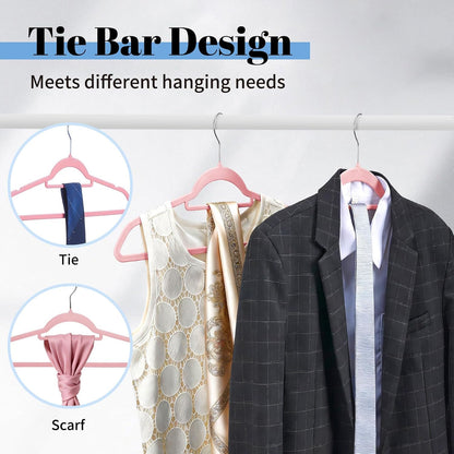 Pink Velvet Hangers 20 Pack, Space Saving Clothes Hanger with Tie Bar, Non-Slip Felt Hangers with Shoulder Notches, Heavy Duty Suit Hanger for Coat, Shirt, Pants, Dress