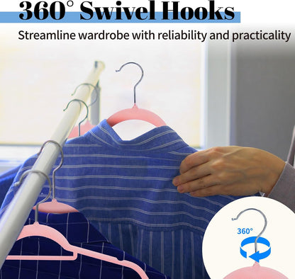 Pink Velvet Hangers 20 Pack, Space Saving Clothes Hanger with Tie Bar, Non-Slip Felt Hangers with Shoulder Notches, Heavy Duty Suit Hanger for Coat, Shirt, Pants, Dress