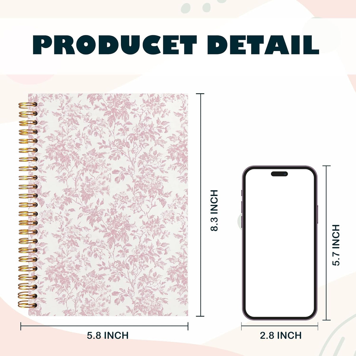 Pink Floral Chinoiserie Grandmillennial Notebook Journal,Aesthetic Notebook, Chinoiserie Journal,Notebooks for Work, Hardcover Spiral Notebook 5.5x8.3