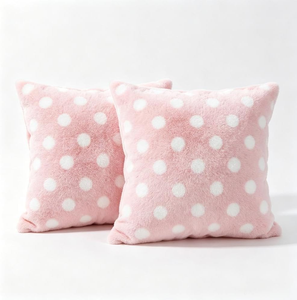 Polka Dot Plush Throw Pillow Covers, Decorative Soft Faux Fur (Light Pink,18" x 18" (Pack of 2))