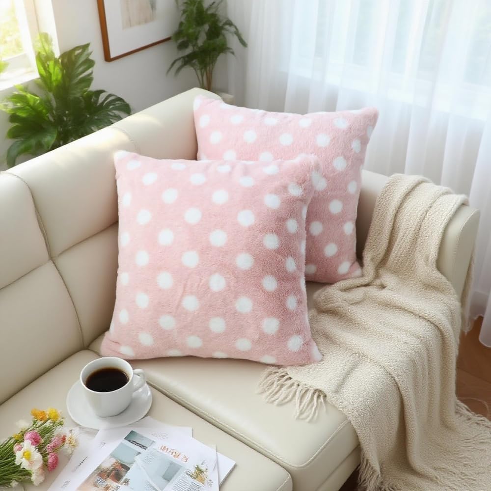 Polka Dot Plush Throw Pillow Covers, Decorative Soft Faux Fur (Light Pink,18" x 18" (Pack of 2))
