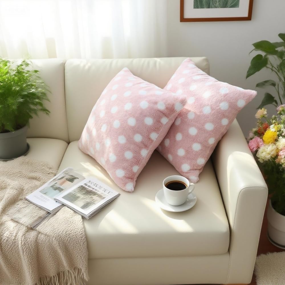 Polka Dot Plush Throw Pillow Covers, Decorative Soft Faux Fur (Light Pink,18" x 18" (Pack of 2))