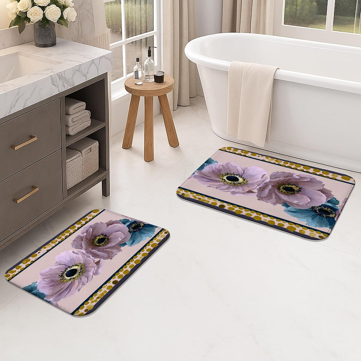 Botanical Floral Quick Dry Bath Mat, Elegant Peach & Blue Flowers Decorative Non Slip Shower Mat, Spring Memory Foam Washable Bath Rugs for Bathroom Toilet Restroom Essentials 20x32 Inch
