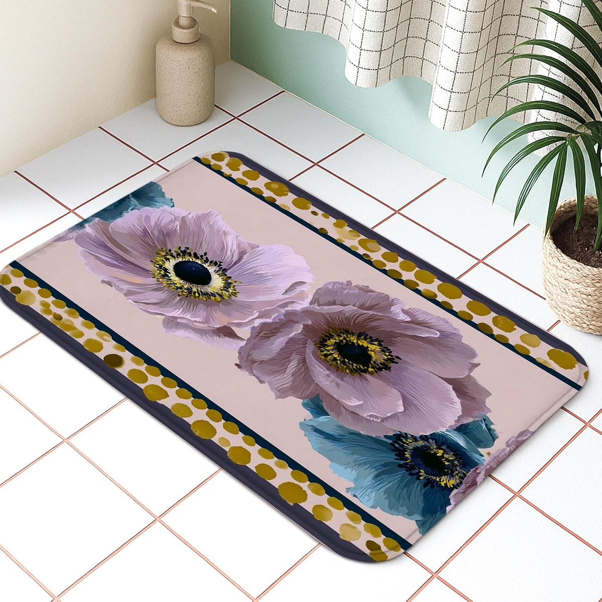 Botanical Floral Quick Dry Bath Mat, Elegant Peach & Blue Flowers Decorative Non Slip Shower Mat, Spring Memory Foam Washable Bath Rugs for Bathroom Toilet Restroom Essentials 20x32 Inch
