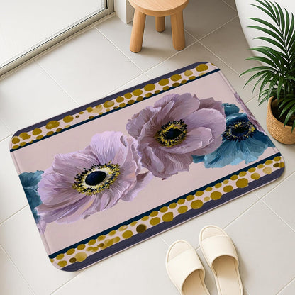 Botanical Floral Quick Dry Bath Mat, Elegant Peach & Blue Flowers Decorative Non Slip Shower Mat, Spring Memory Foam Washable Bath Rugs for Bathroom Toilet Restroom Essentials 20x32 Inch