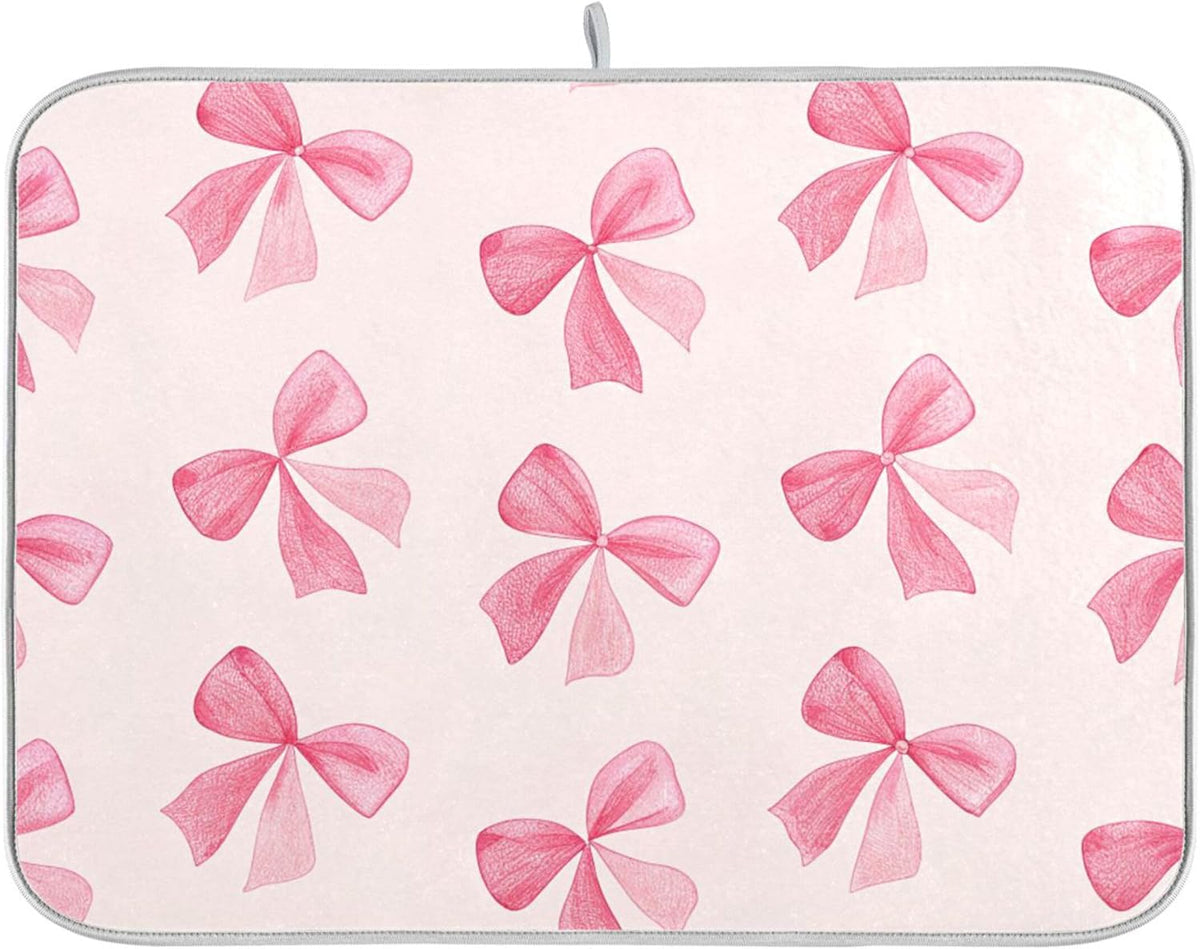 Pink Bow Dish Drying Mat for Kitchen Counter, Super Absorbent Non Slip Dish Drainer Rack Pad for Countertops, 16 x 18 Inch