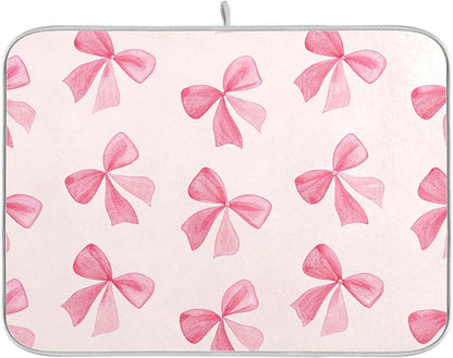 Pink Bow Dish Drying Mat for Kitchen Counter, Super Absorbent Non Slip Dish Drainer Rack Pad for Countertops, 16 x 18 Inch