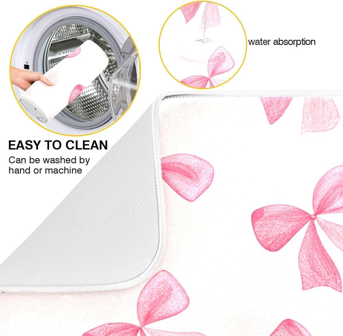 Pink Bow Dish Drying Mat for Kitchen Counter, Super Absorbent Non Slip Dish Drainer Rack Pad for Countertops, 16 x 18 Inch
