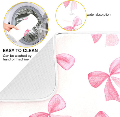 Pink Bow Dish Drying Mat for Kitchen Counter, Super Absorbent Non Slip Dish Drainer Rack Pad for Countertops, 16 x 18 Inch