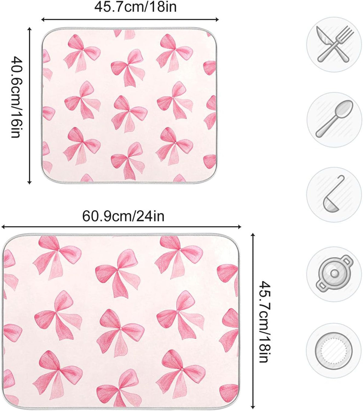 Pink Bow Dish Drying Mat for Kitchen Counter, Super Absorbent Non Slip Dish Drainer Rack Pad for Countertops, 16 x 18 Inch