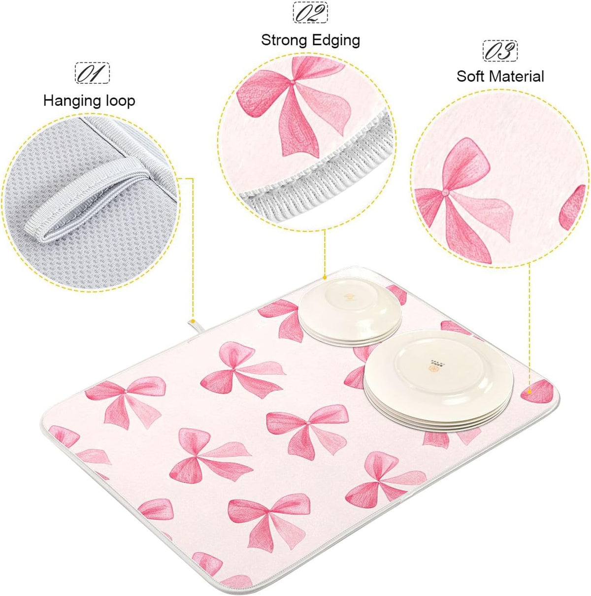Pink Bow Dish Drying Mat for Kitchen Counter, Super Absorbent Non Slip Dish Drainer Rack Pad for Countertops, 16 x 18 Inch