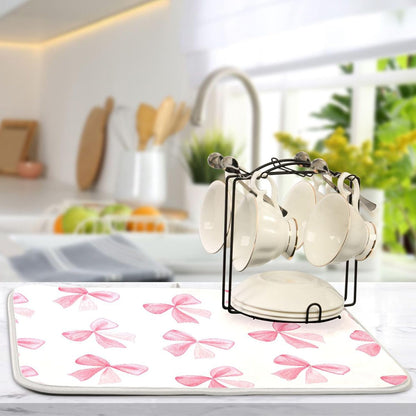 Pink Bow Dish Drying Mat for Kitchen Counter, Super Absorbent Non Slip Dish Drainer Rack Pad for Countertops, 16 x 18 Inch