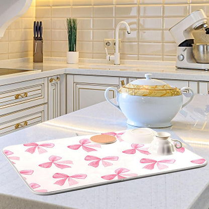 Pink Bow Dish Drying Mat for Kitchen Counter, Super Absorbent Non Slip Dish Drainer Rack Pad for Countertops, 16 x 18 Inch