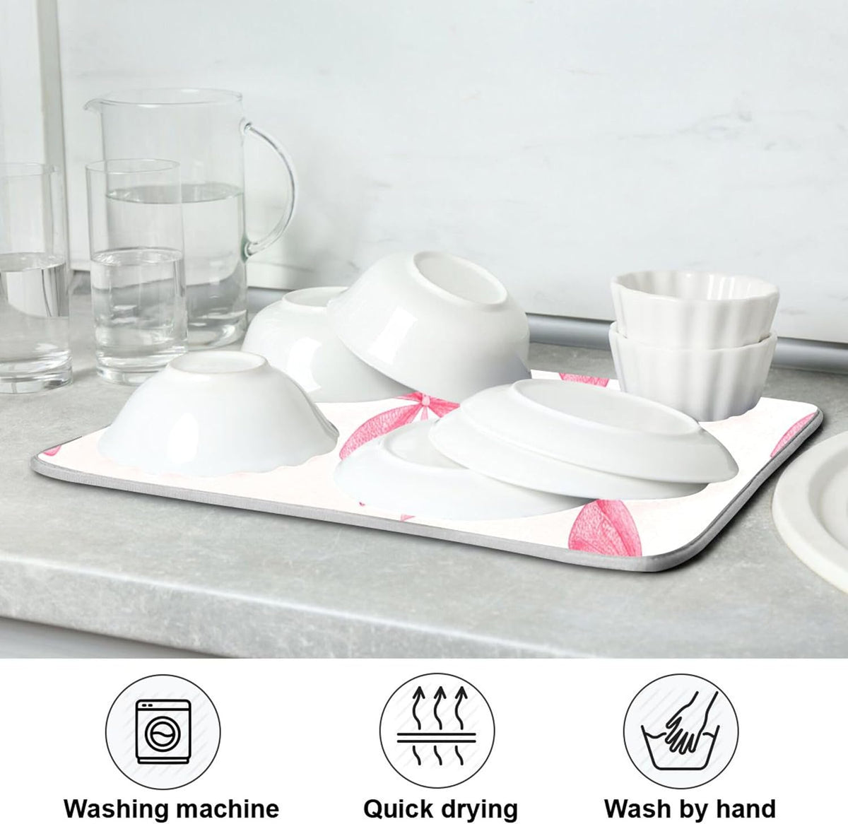 Pink Bow Dish Drying Mat for Kitchen Counter, Super Absorbent Non Slip Dish Drainer Rack Pad for Countertops, 16 x 18 Inch