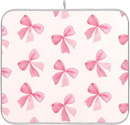 Pink Bow Dish Drying Mat for Kitchen Counter, Super Absorbent Non Slip Dish Drainer Rack Pad for Countertops, 16 x 18 Inch
