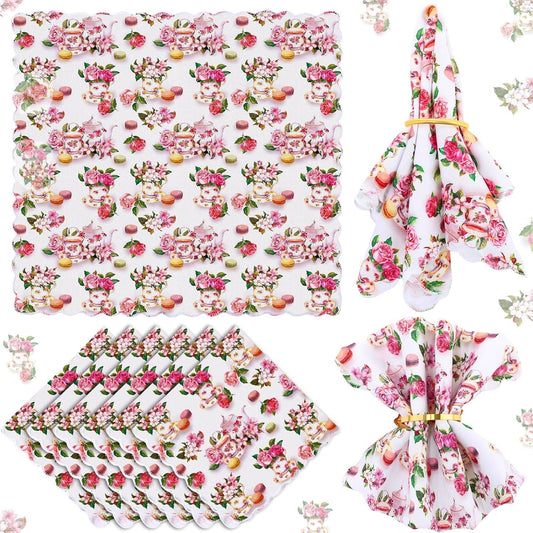 SmoothNovelty 30 Pcs Tea Party Decoration Floral Cloth Napkin Pink Vintage Teapot Handkerchief Bulk for Women Guest Bridal Shower