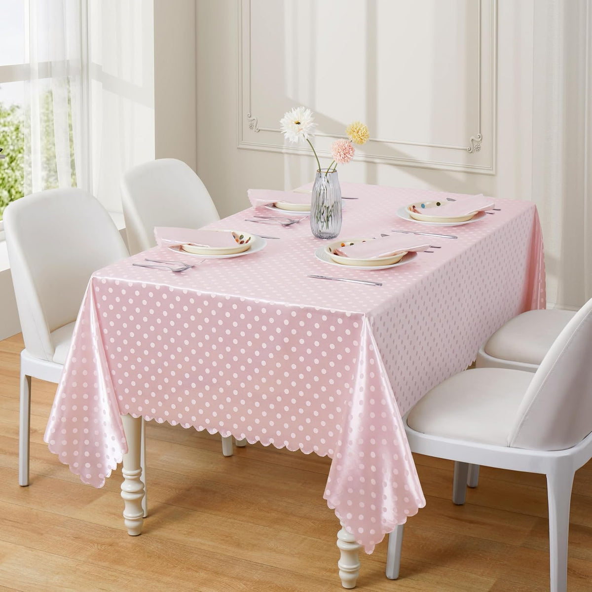 Blush Pink Polka Dot Satin Table Cloth 60 x 84 Inches,Blush Pink Rectangle Tablecloth Stain Resistant Wrinkle Free Silkly Soft Table Cloths for Dining Room, Indoor and Outdoor Use