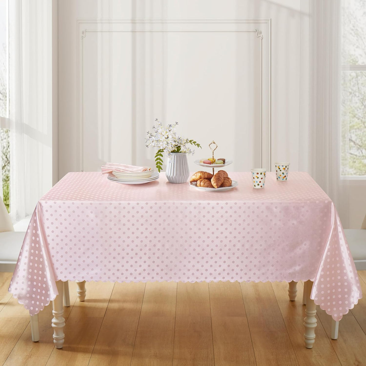 Blush Pink Polka Dot Satin Table Cloth 60 x 84 Inches,Blush Pink Rectangle Tablecloth Stain Resistant Wrinkle Free Silkly Soft Table Cloths for Dining Room, Indoor and Outdoor Use