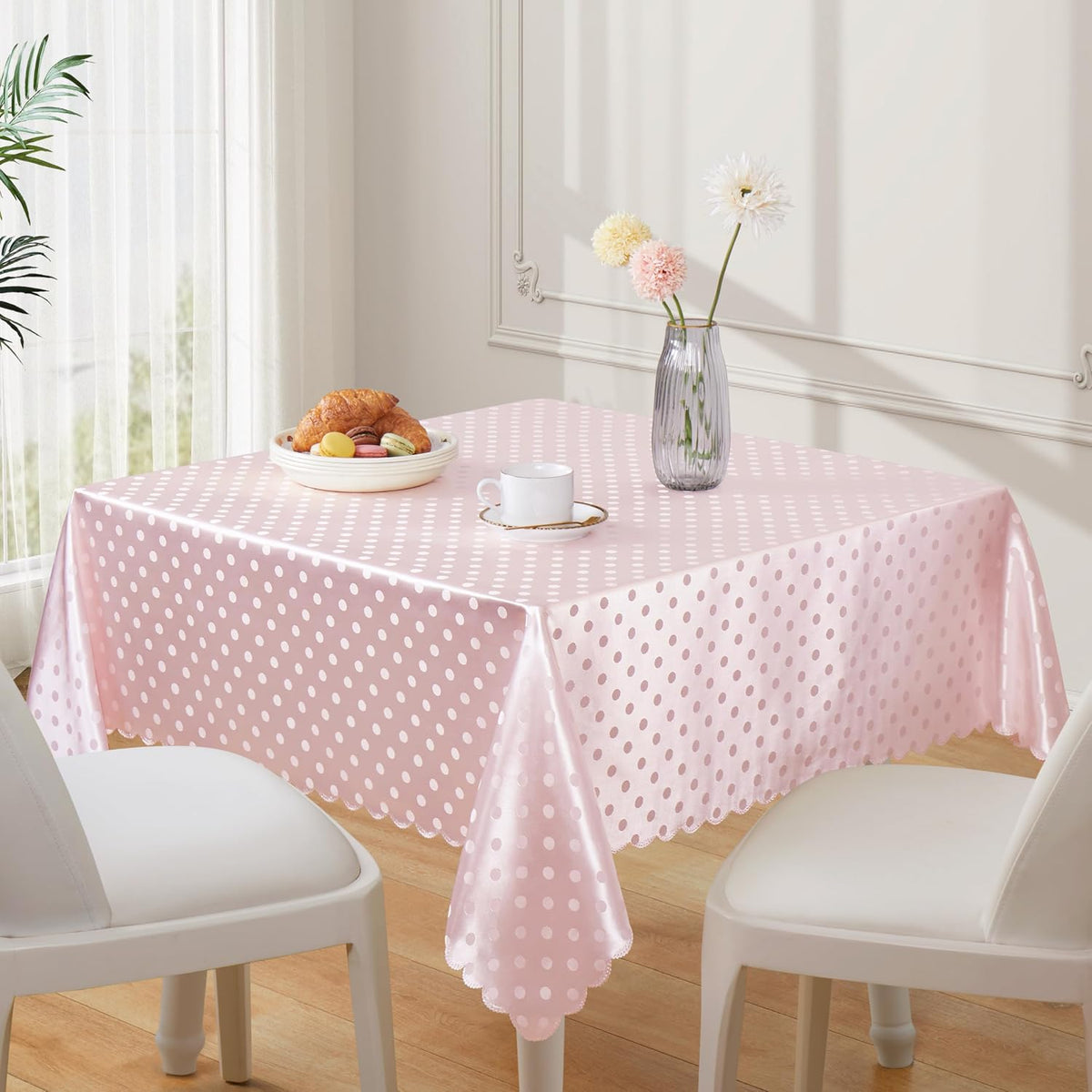 Blush Pink Polka Dot Satin Table Cloth 60 x 84 Inches,Blush Pink Rectangle Tablecloth Stain Resistant Wrinkle Free Silkly Soft Table Cloths for Dining Room, Indoor and Outdoor Use