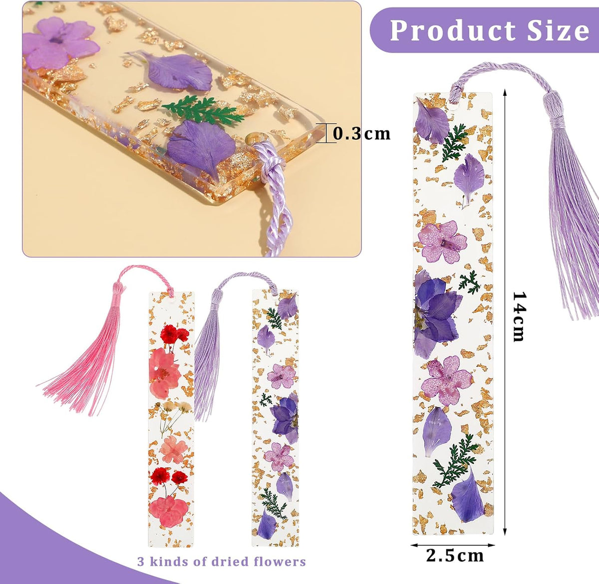 2 Pack Pressed Flower Bookmarks Clear Resin Tassels Book Marks Dried Floral Book Markers Durable Handmade Cute Book Marking Accessories Gift for Students Bookworms Increase Reading Interest