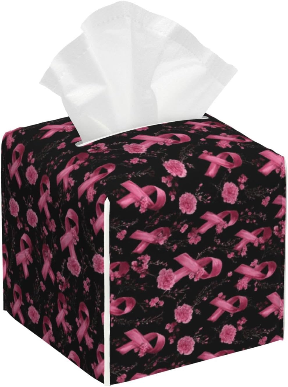 Pink Ribbon Flowers Print Tissue Box Cover Holder Square, Foldable Modern Cube Tissue Box Cover, Leather Decorative Organizer for Tabletop Bathroom Car Office Desk Decor