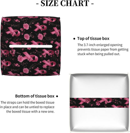 Pink Ribbon Flowers Print Tissue Box Cover Holder Square, Foldable Modern Cube Tissue Box Cover, Leather Decorative Organizer for Tabletop Bathroom Car Office Desk Decor