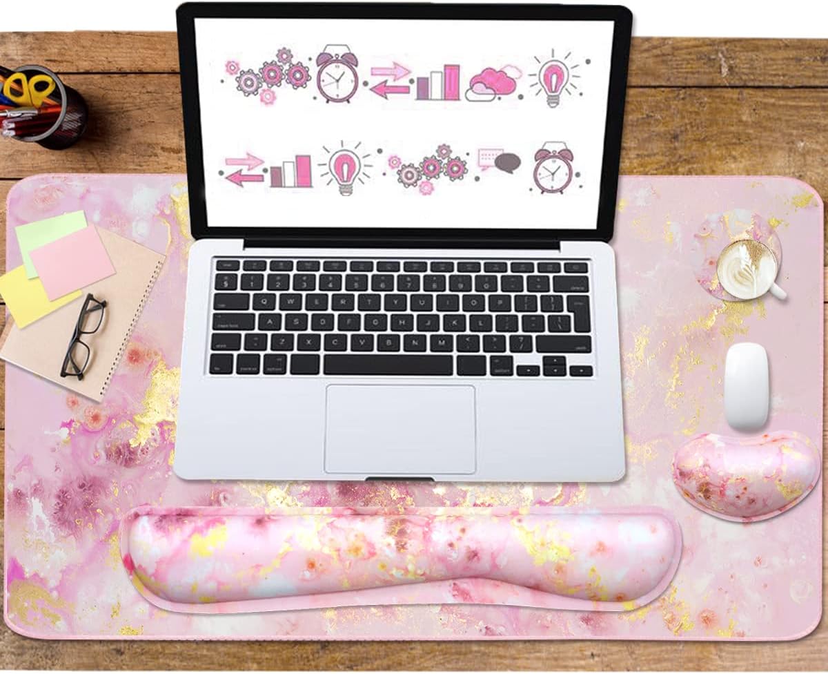 4-in-1 Large Gaming Mouse Pad, Keyboard Wrist Rest Pad & Wrist Support Mousepad Set, Extended Desk Pad Waterproof Desk Mat for Home Office Study Game-Pink Gold Marble