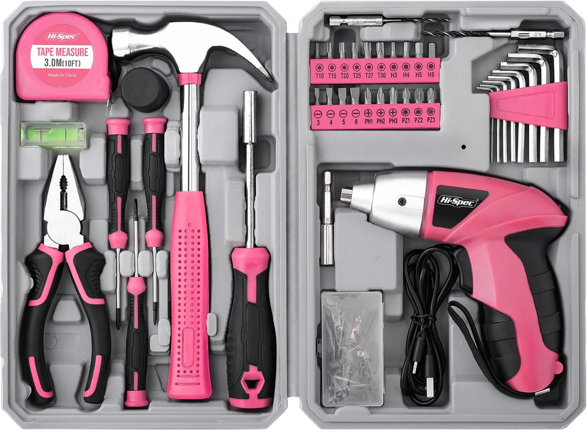 Hi-Spec 4V Electric Ladies Screwdriver Tool Kit Compact Portable Case, Pink