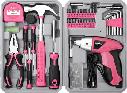 Hi-Spec 4V Electric Ladies Screwdriver Tool Kit Compact Portable Case, Pink
