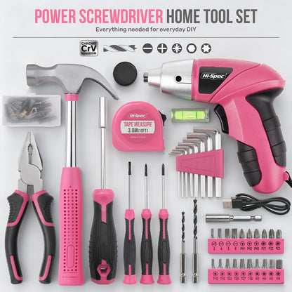 Hi-Spec 4V Electric Ladies Screwdriver Tool Kit Compact Portable Case, Pink