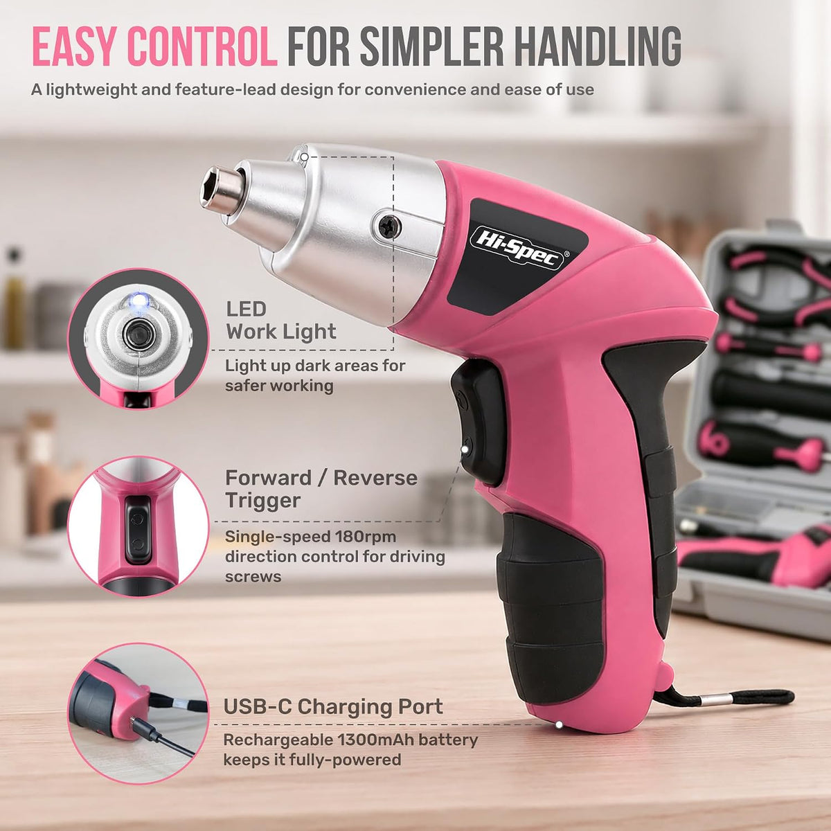Hi-Spec 4V Electric Ladies Screwdriver Tool Kit Compact Portable Case, Pink