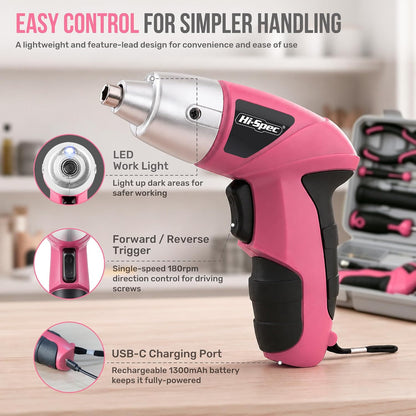 Hi-Spec 4V Electric Ladies Screwdriver Tool Kit Compact Portable Case, Pink