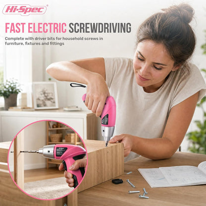 Hi-Spec 4V Electric Ladies Screwdriver Tool Kit Compact Portable Case, Pink