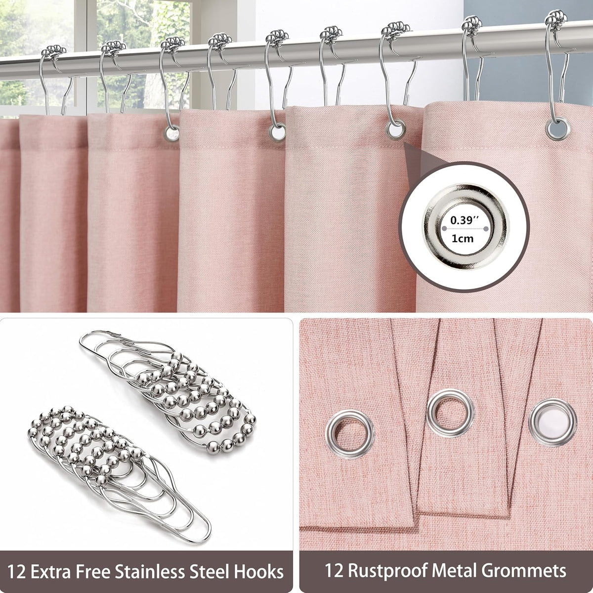 Shower Curtain with Metal Hooks Linen Fabric Shower Curtain Heavy Duty Bath Curtain for Bathroom and Bathtubs, Hotel Quality, Weighted Hem, Waterproof, 72 x 72 Inches (Pink)
