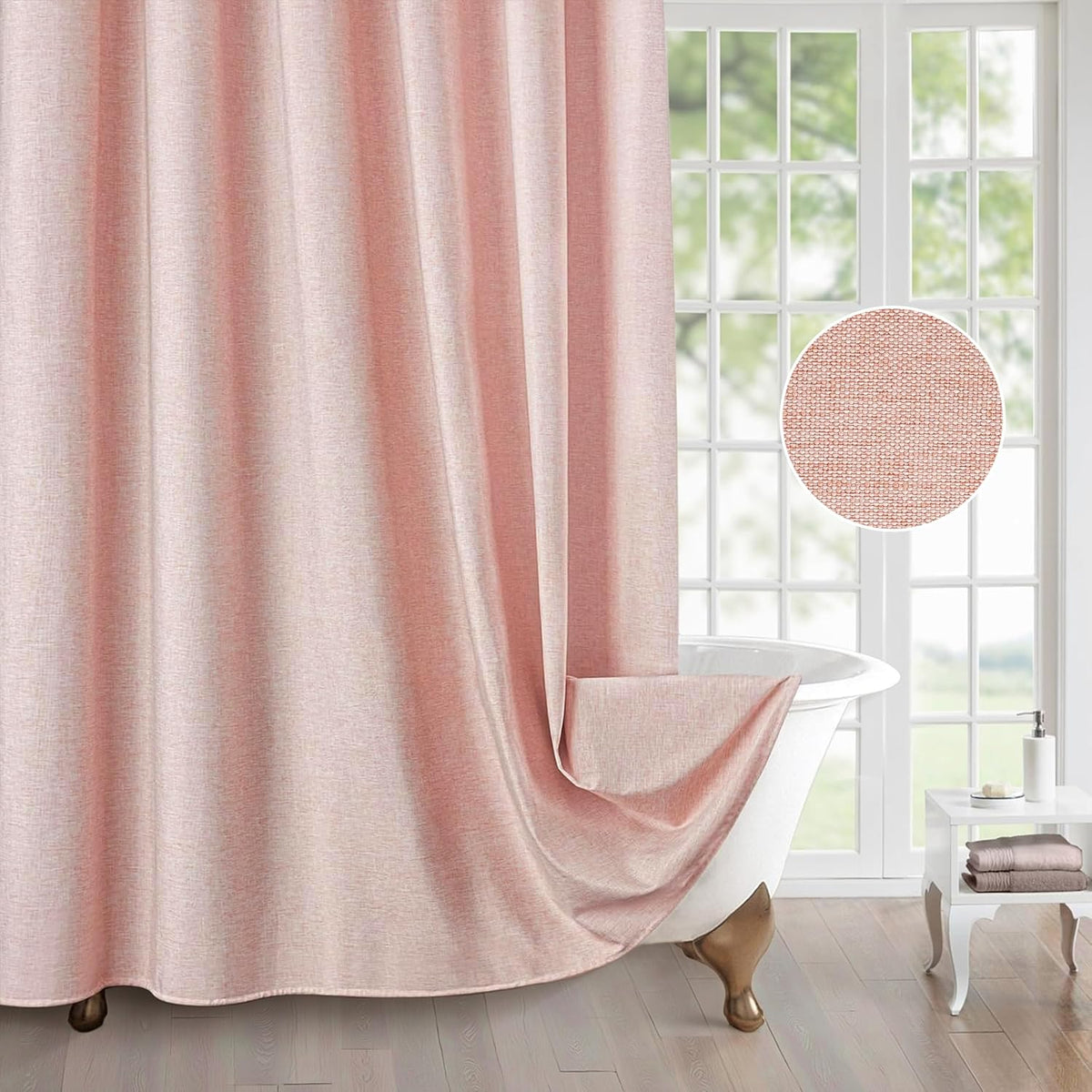Shower Curtain with Metal Hooks Linen Fabric Shower Curtain Heavy Duty Bath Curtain for Bathroom and Bathtubs, Hotel Quality, Weighted Hem, Waterproof, 72 x 72 Inches (Pink)