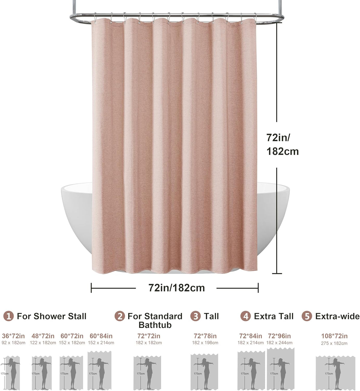 Shower Curtain with Metal Hooks Linen Fabric Shower Curtain Heavy Duty Bath Curtain for Bathroom and Bathtubs, Hotel Quality, Weighted Hem, Waterproof, 72 x 72 Inches (Pink)