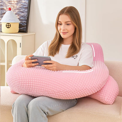 17" Reading Pillow for Bed,U Shaped Arm & Elbow Support,Pink Flannel