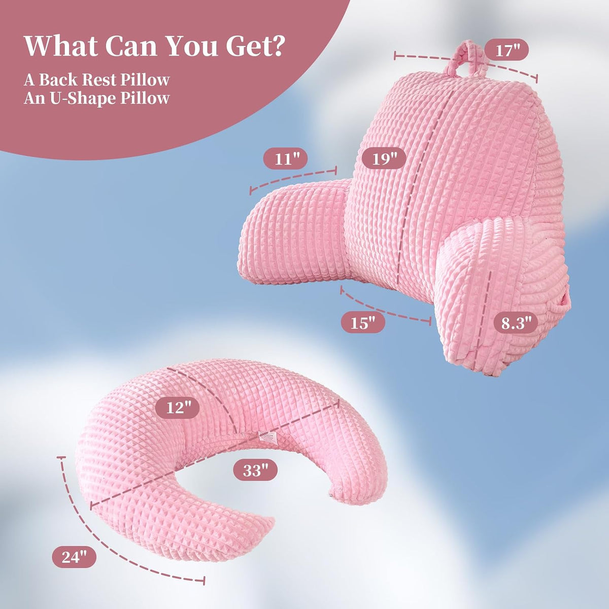 17" Reading Pillow for Bed,U Shaped Arm & Elbow Support,Pink Flannel