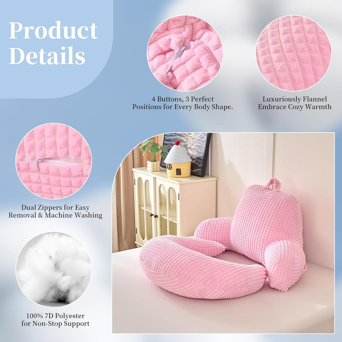 17" Reading Pillow for Bed,U Shaped Arm & Elbow Support,Pink Flannel