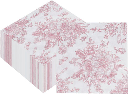 100 Pack Pink Floral Napkins, Cocktail Napkins Vintage Flower Butterfly Design, Paper Napkins for Wedding, Baby Shower, Birthday Party, 5 x 5 Inch