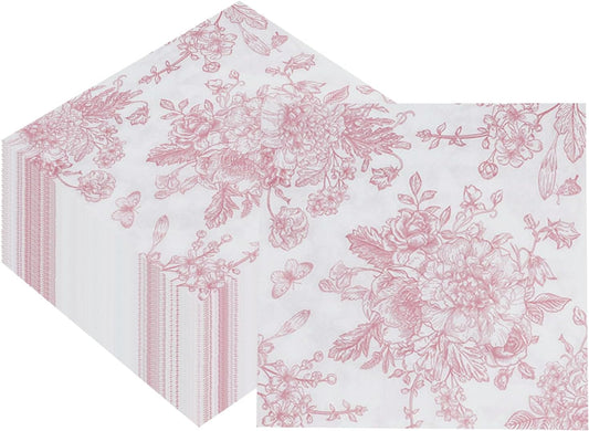 100 Pack Pink Floral Napkins, Cocktail Napkins Vintage Flower Butterfly Design, Paper Napkins for Wedding, Baby Shower, Birthday Party, 5 x 5 Inch