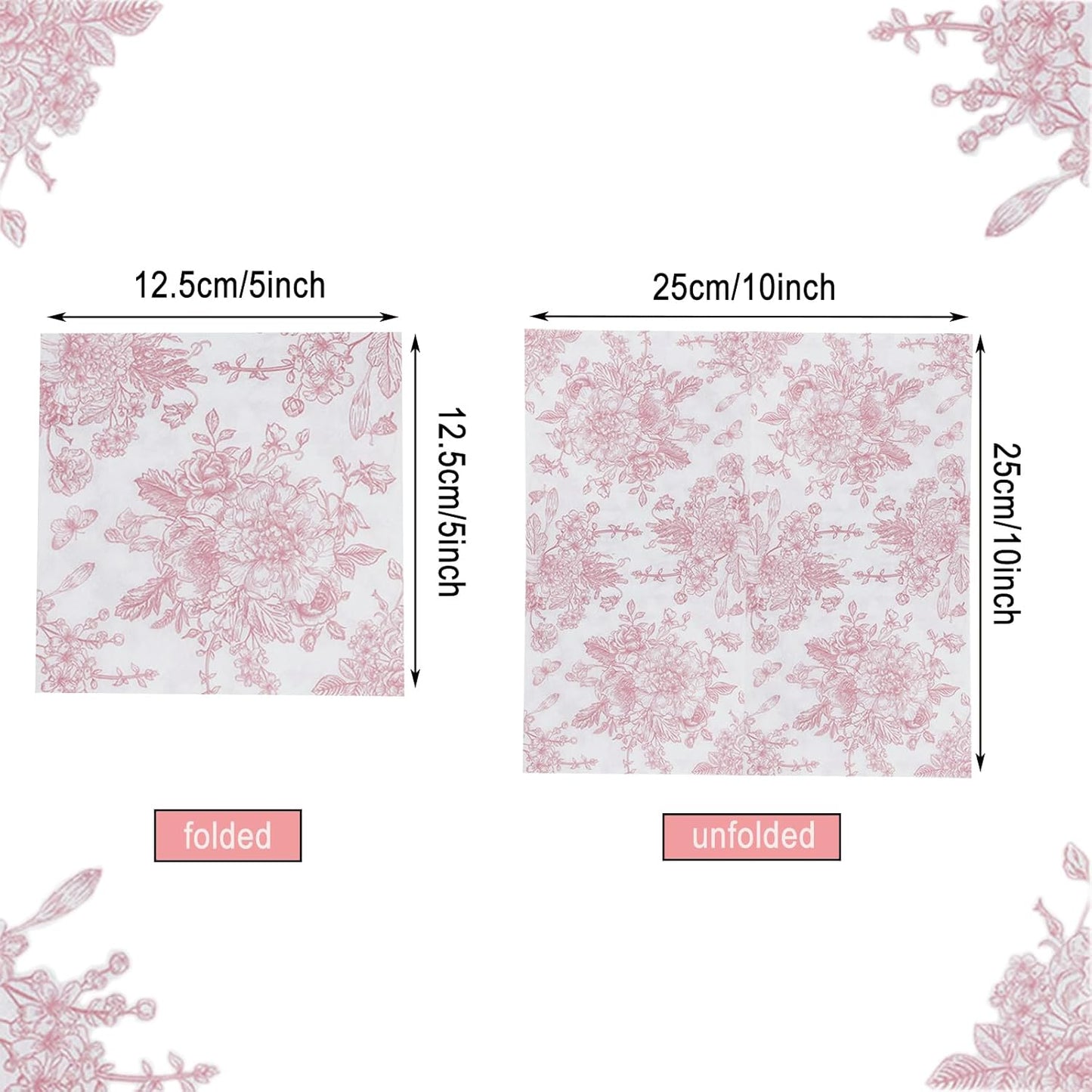 100 Pack Pink Floral Napkins, Cocktail Napkins Vintage Flower Butterfly Design, Paper Napkins for Wedding, Baby Shower, Birthday Party, 5 x 5 Inch